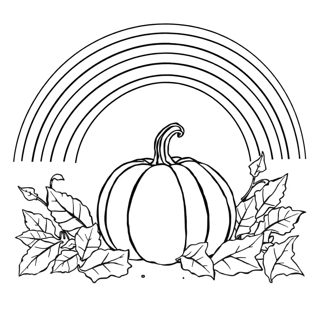 Thanksgiving a pumpkin and leaves under a rainbow — classic thanksgiving coloring page (ages 5–10)