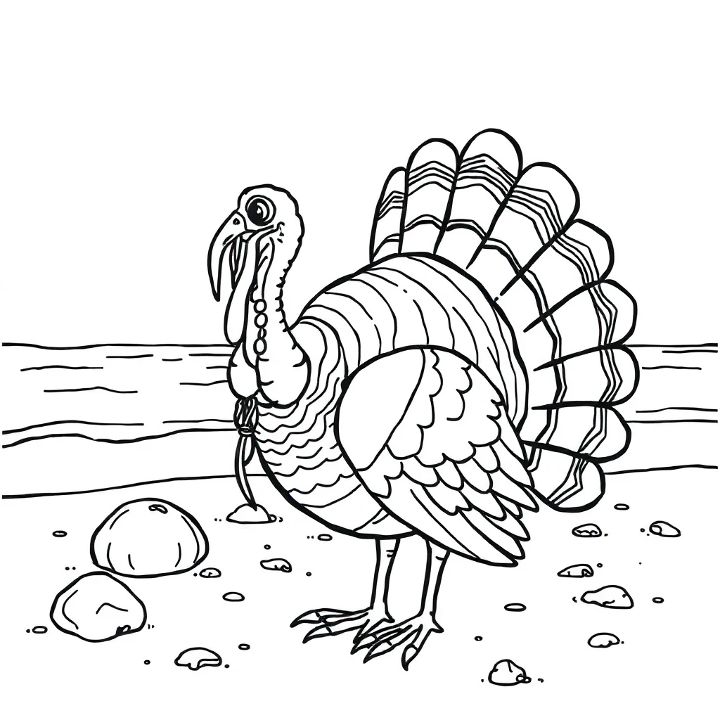 Thanksgiving a turkey with feathers on the beach — classic thanksgiving coloring page (ages 5–10)