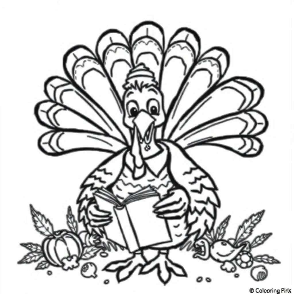 Thanksgiving a turkey with feathers reading a book — classic thanksgiving coloring page (ages 5–10)