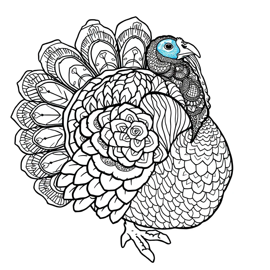 Thanksgiving a turkey with feathers sleeping curled up — detailed thanksgiving coloring page (ages 9+ & adults)