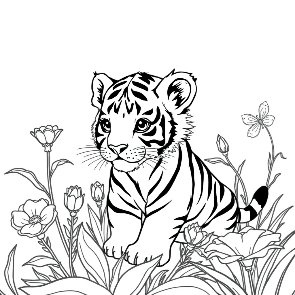 Tigers a baby tiger cub in a flower garden — classic tigers coloring page (ages 5–10)