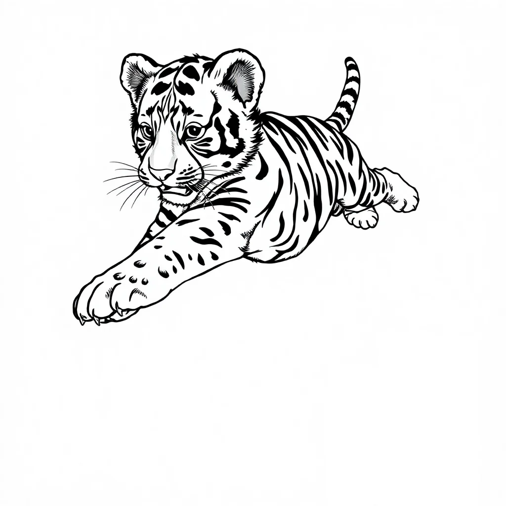 Tigers a baby tiger cub leaping mid air — detailed tigers coloring page (ages 9+ & adults)