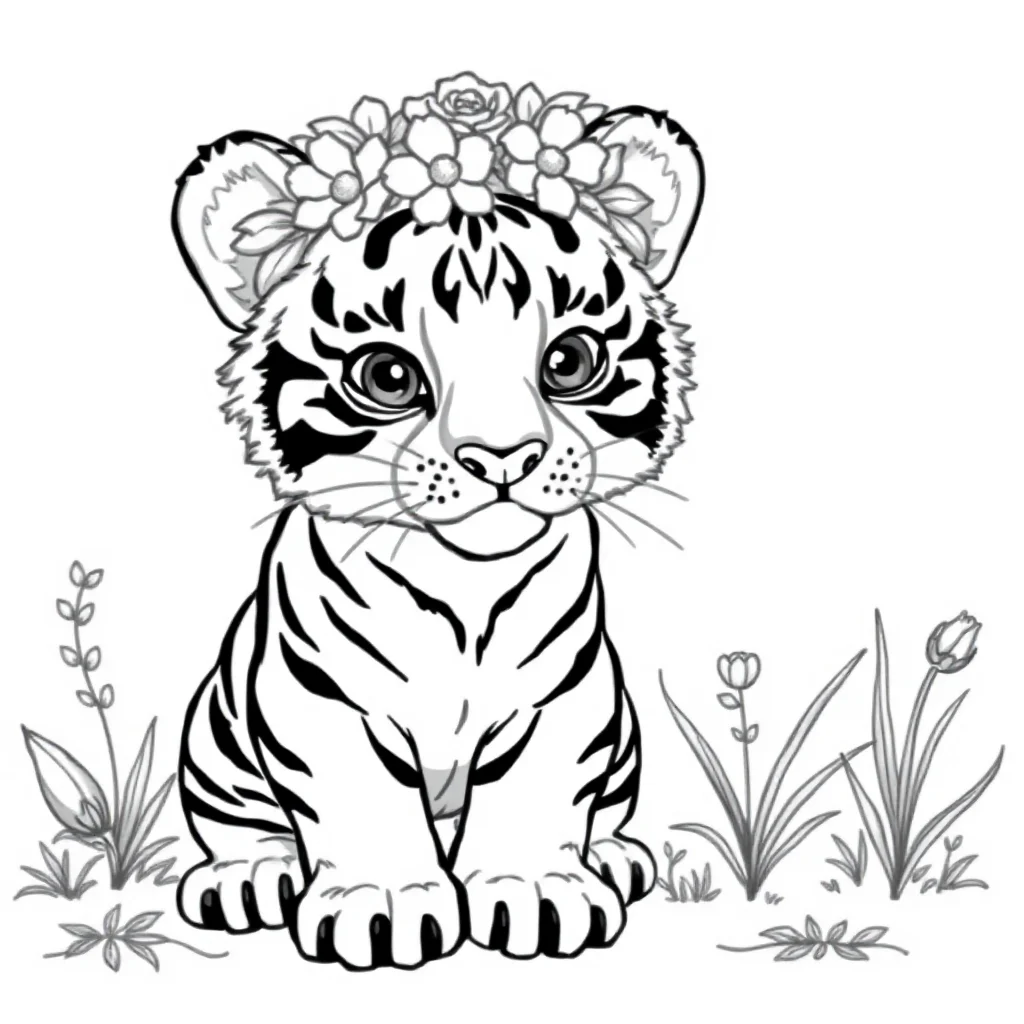 Tigers a baby tiger cub wearing a flower crown — classic tigers coloring page (ages 5–10)