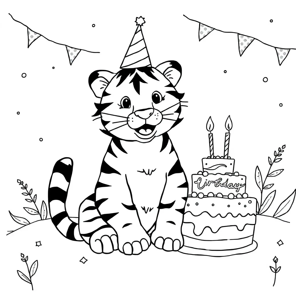 Tigers a friendly tiger celebrating a birthday — classic tigers coloring page (ages 5–10)