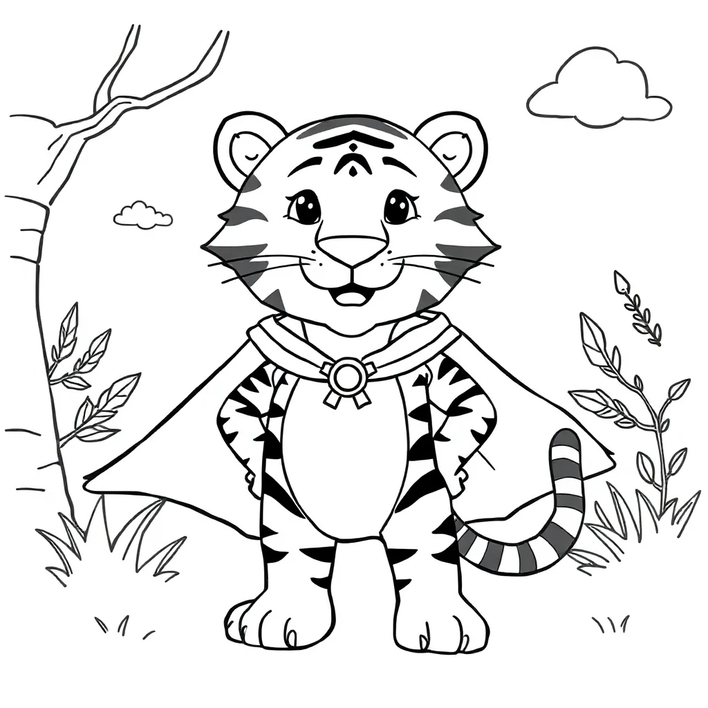 Tigers a friendly tiger in a superhero cape — classic tigers coloring page (ages 5–10)