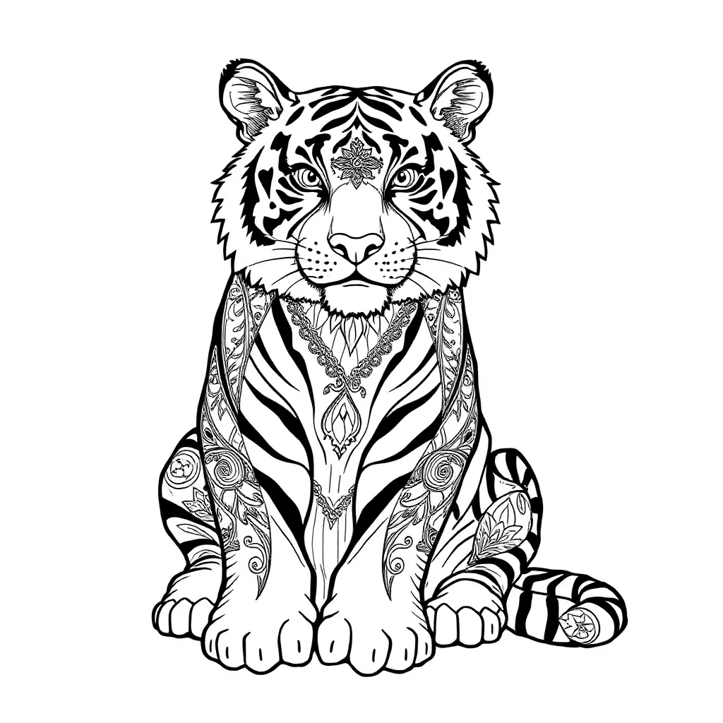 Tigers a friendly tiger sitting — detailed tigers coloring page (ages 9+ & adults)