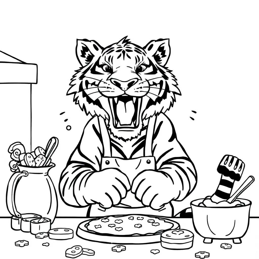 Tigers a roaring tiger baking cookies — classic tigers coloring page (ages 5–10)