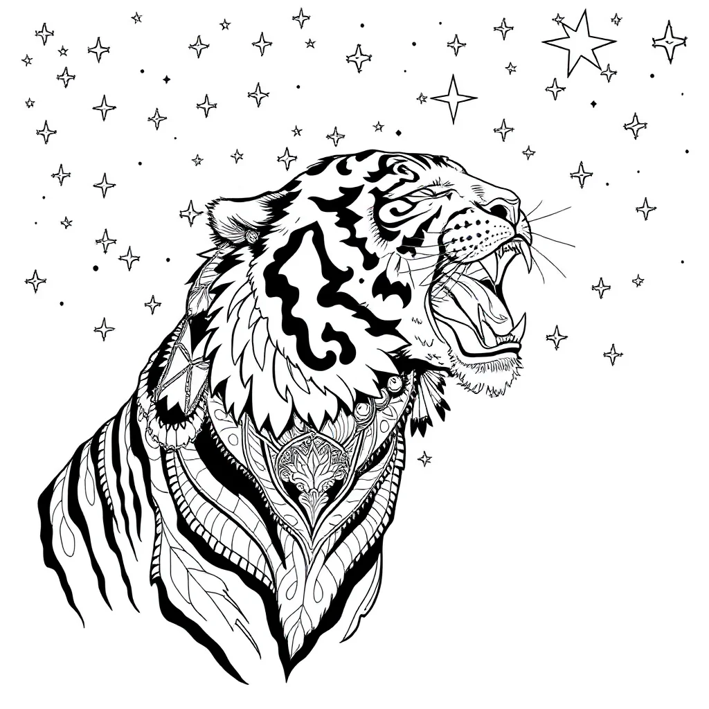 Tigers a roaring tiger under the night sky with stars — detailed tigers coloring page (ages 9+ & adults)