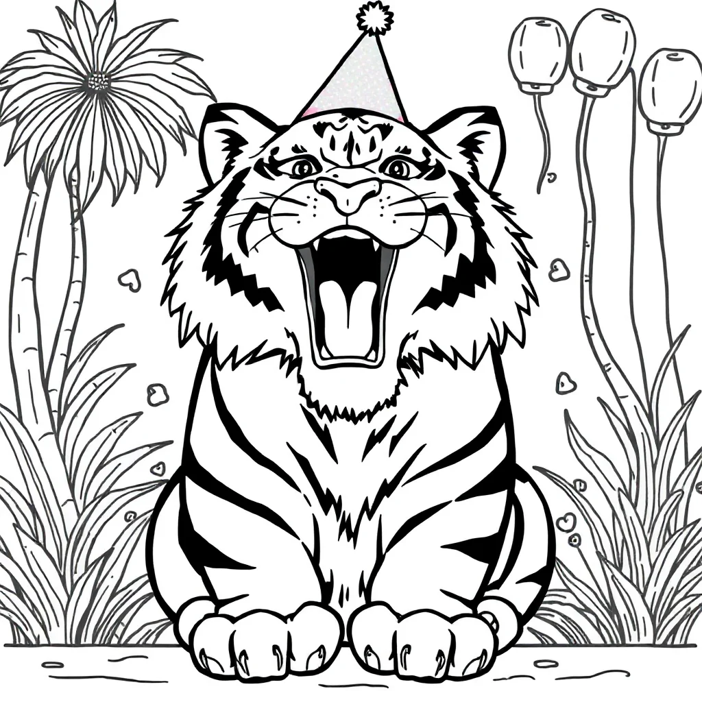 Tigers a roaring tiger wearing a party hat — classic tigers coloring page (ages 5–10)