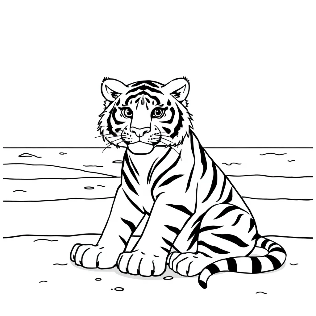 Tigers a tiger sitting on the beach — classic tigers coloring page (ages 5–10)