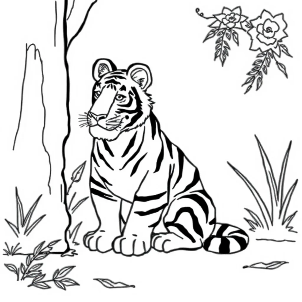 Tigers a tiger sitting peeking from behind something — classic tigers coloring page (ages 5–10)