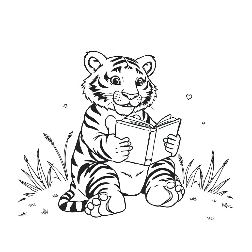 Tigers a tiger sitting reading a book — classic tigers coloring page (ages 5–10)