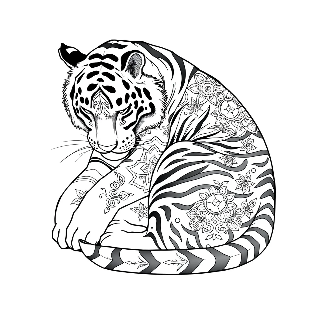 Tigers a tiger sitting sleeping curled up — detailed tigers coloring page (ages 9+ & adults)