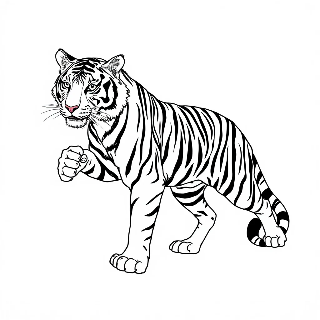 Tigers a tiger with stripes dancing — detailed tigers coloring page (ages 9+ & adults)