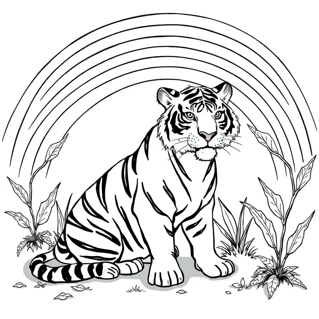 Tigers a tiger with stripes under a rainbow — classic tigers coloring page (ages 5–10)