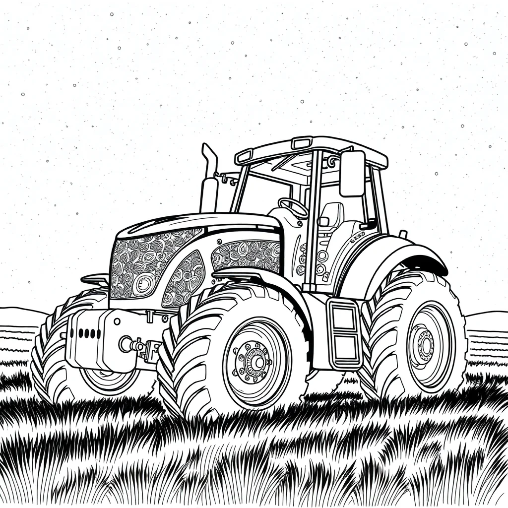 Tractors a big tractor under the night sky with stars — detailed tractors coloring page (ages 9+ & adults)