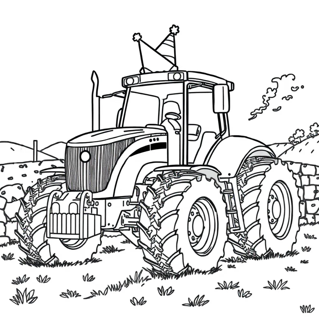 Tractors a big tractor wearing a party hat — classic tractors coloring page (ages 5–10)