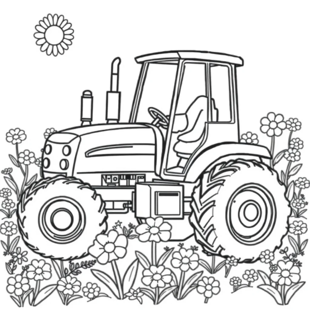 Tractors a cute tractor in a flower garden — classic tractors coloring page (ages 5–10)