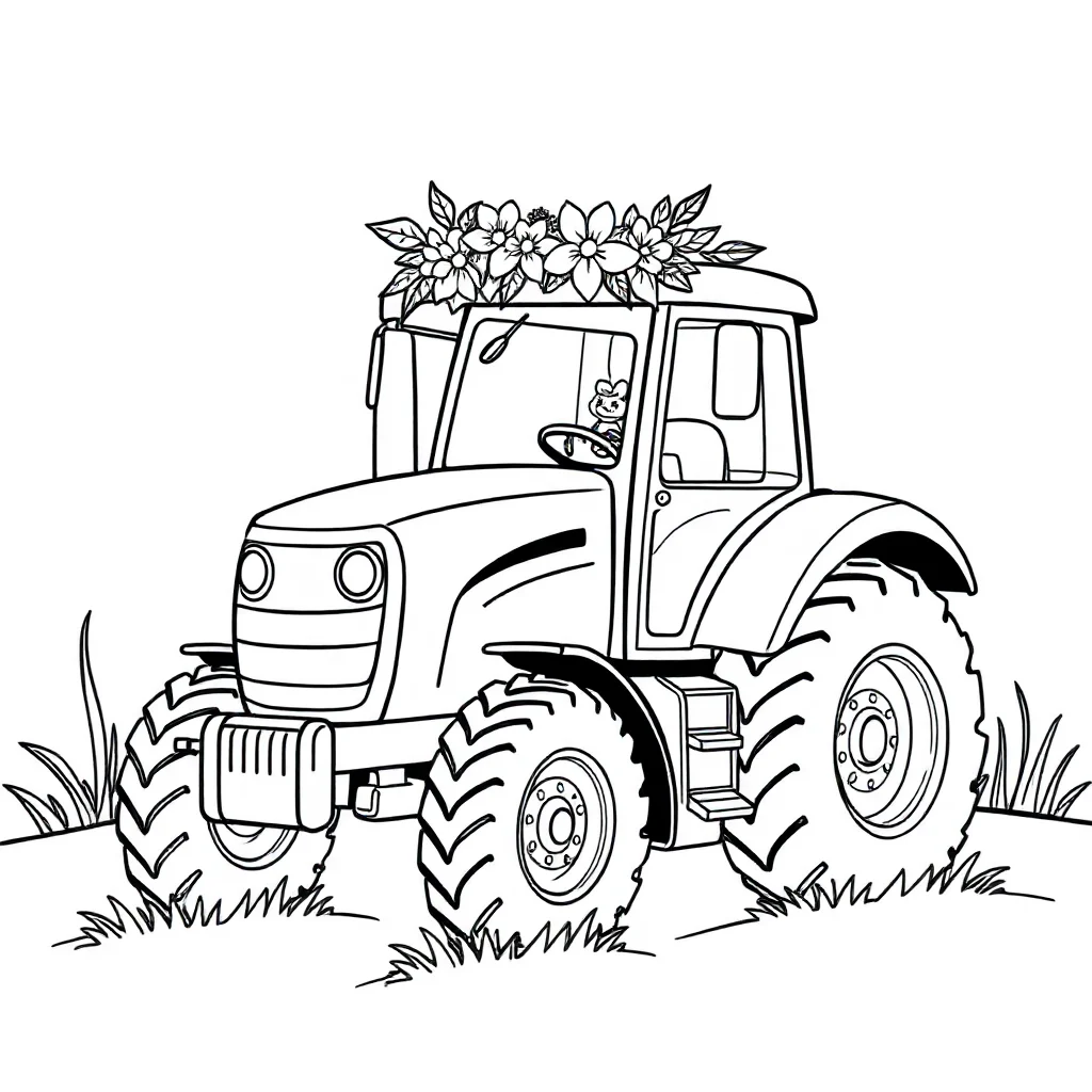 Tractors a cute tractor wearing a flower crown — classic tractors coloring page (ages 5–10)