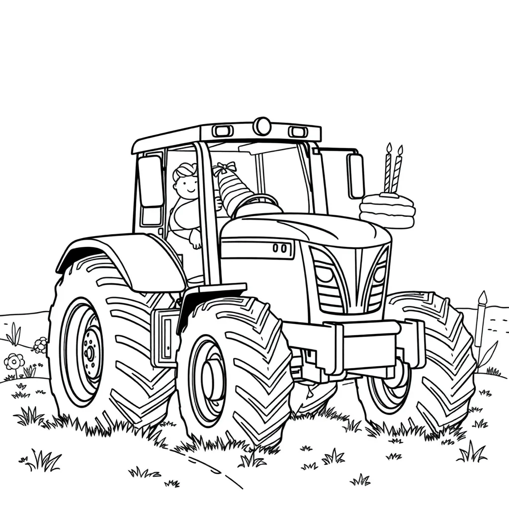 Tractors a farm tractor celebrating a birthday — classic tractors coloring page (ages 5–10)