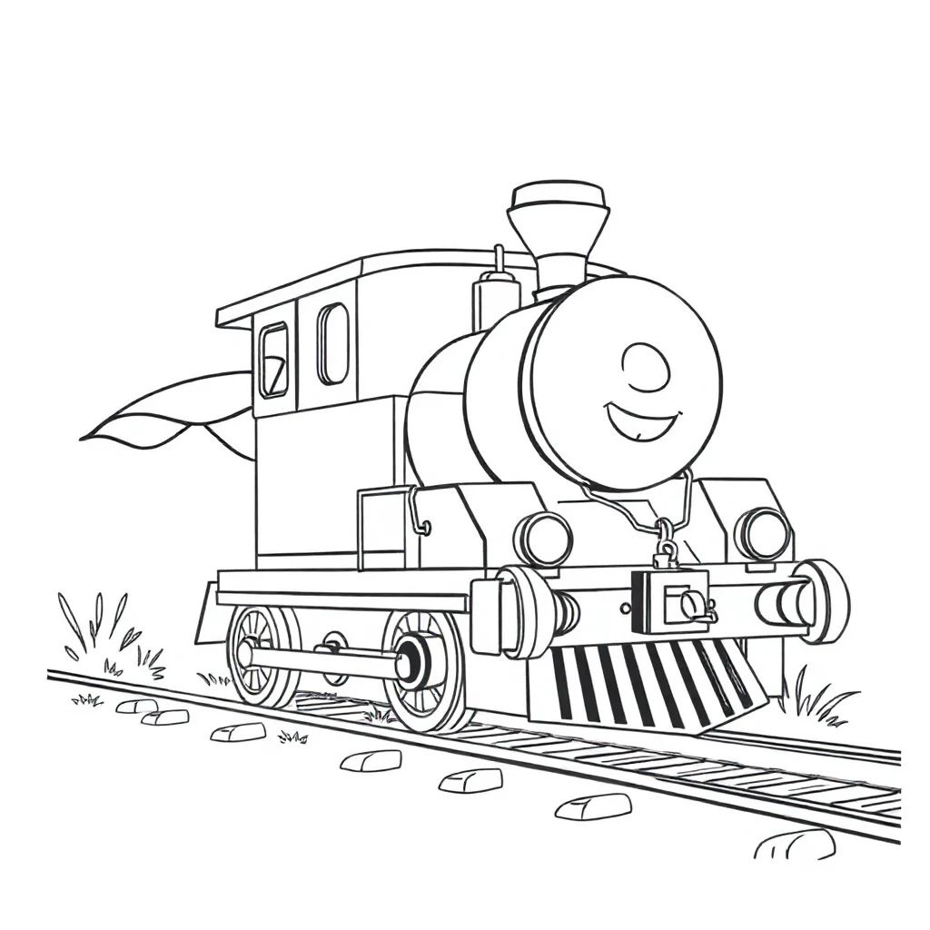 Trains a cute train engine in a superhero cape — classic trains coloring page (ages 5–10)