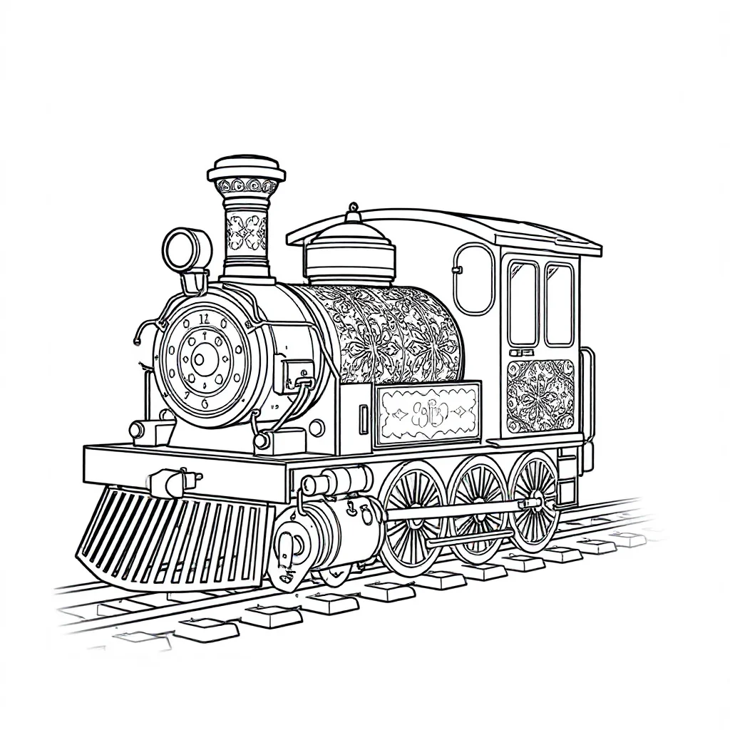 Trains a cute train engine sitting — detailed trains coloring page (ages 9+ & adults)
