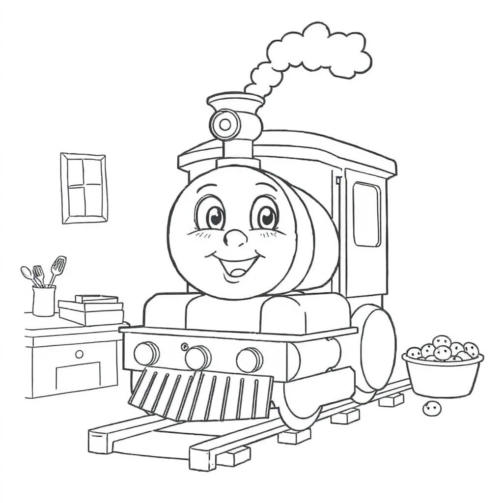 Trains a smiling train baking cookies — classic trains coloring page (ages 5–10)