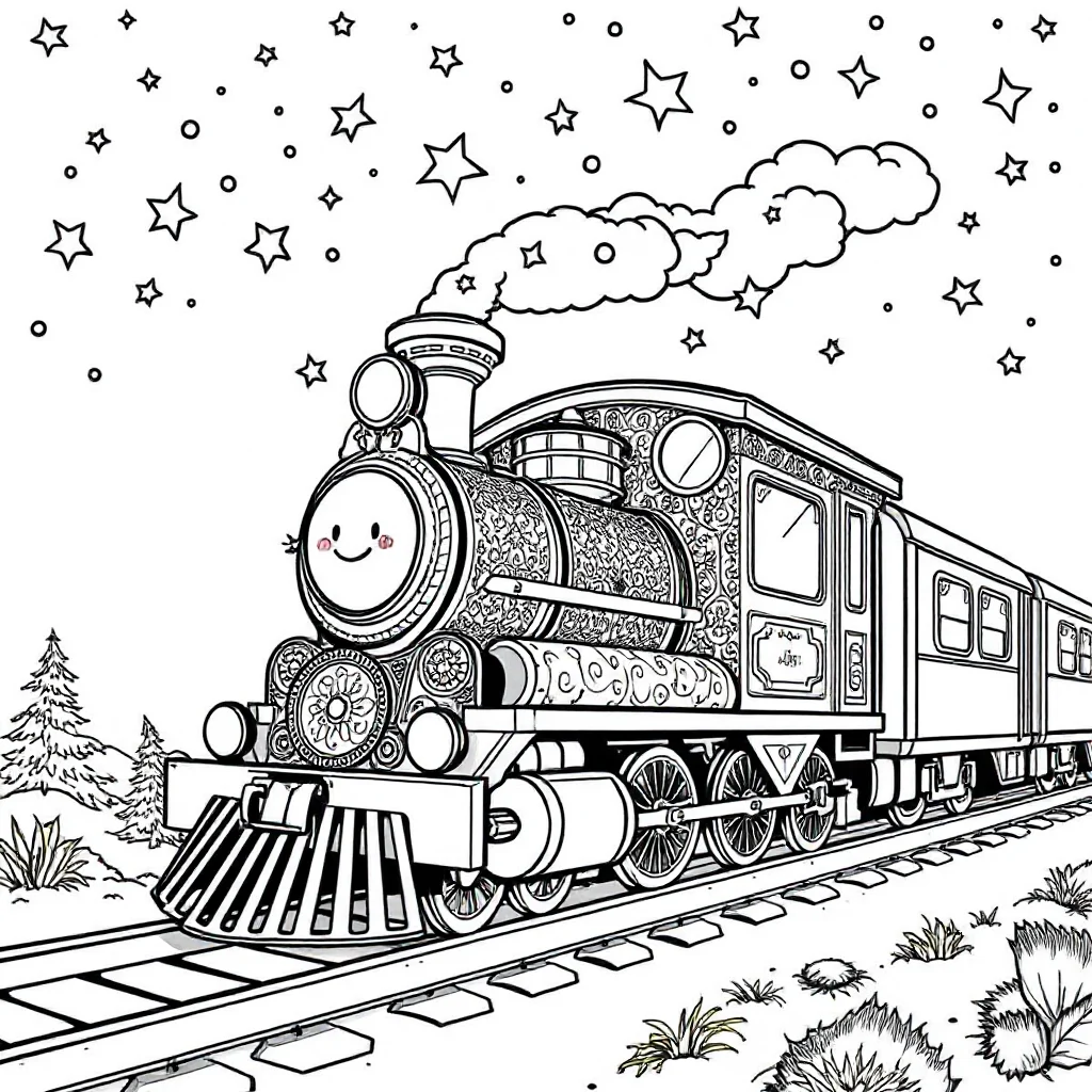 Trains a smiling train under the night sky with stars — detailed trains coloring page (ages 9+ & adults)