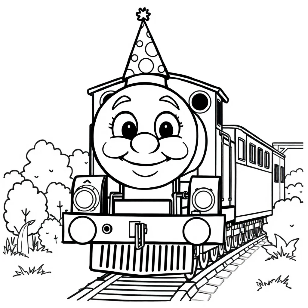 Trains a smiling train wearing a party hat — classic trains coloring page (ages 5–10)