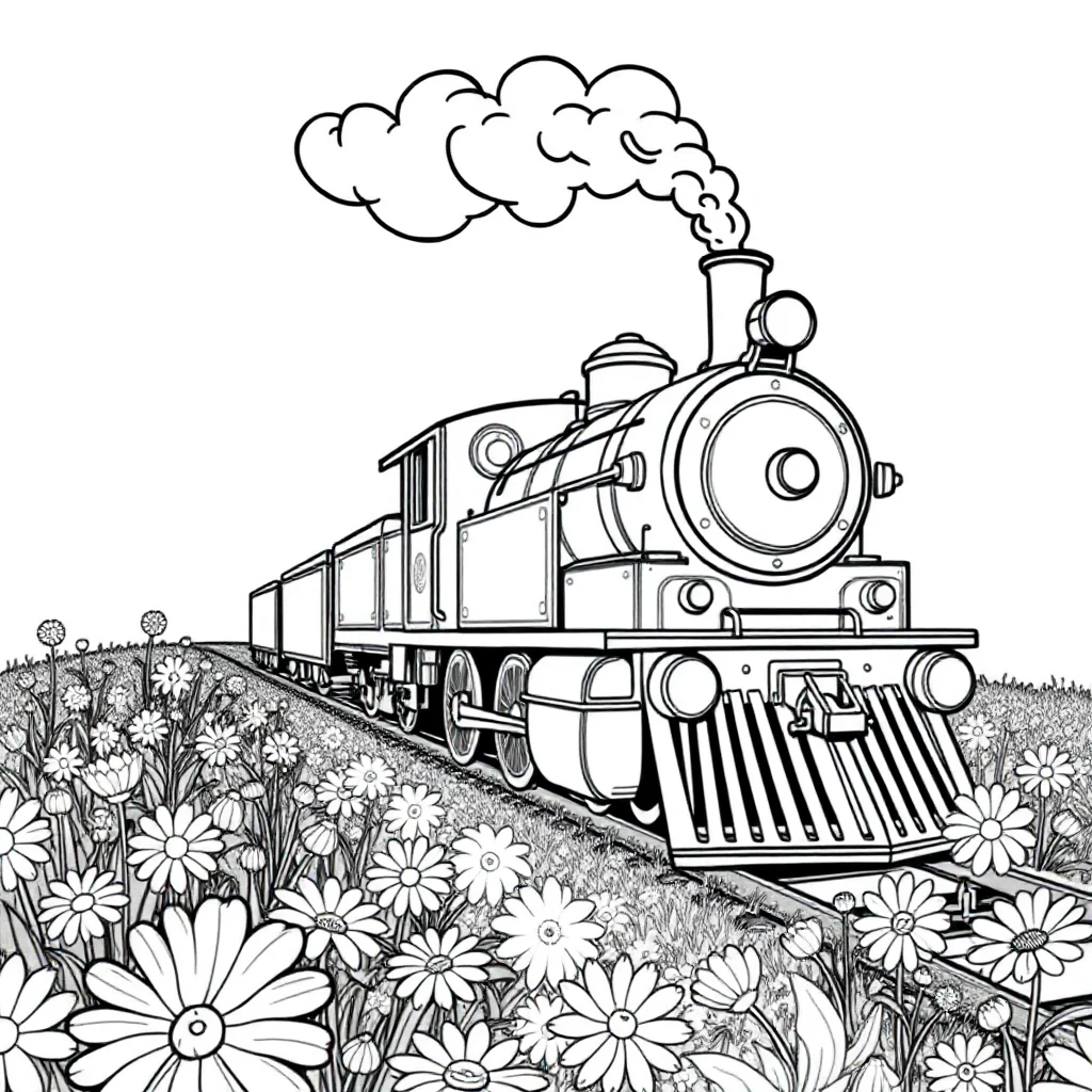 Trains a steam train in a flower garden — classic trains coloring page (ages 5–10)