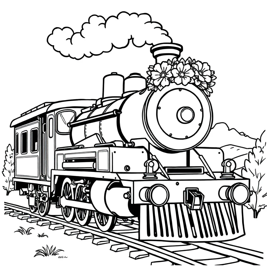 Trains a steam train wearing a flower crown — classic trains coloring page (ages 5–10)