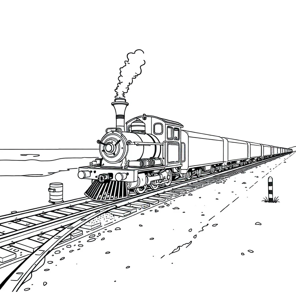 Trains a train on tracks on the beach — classic trains coloring page (ages 5–10)