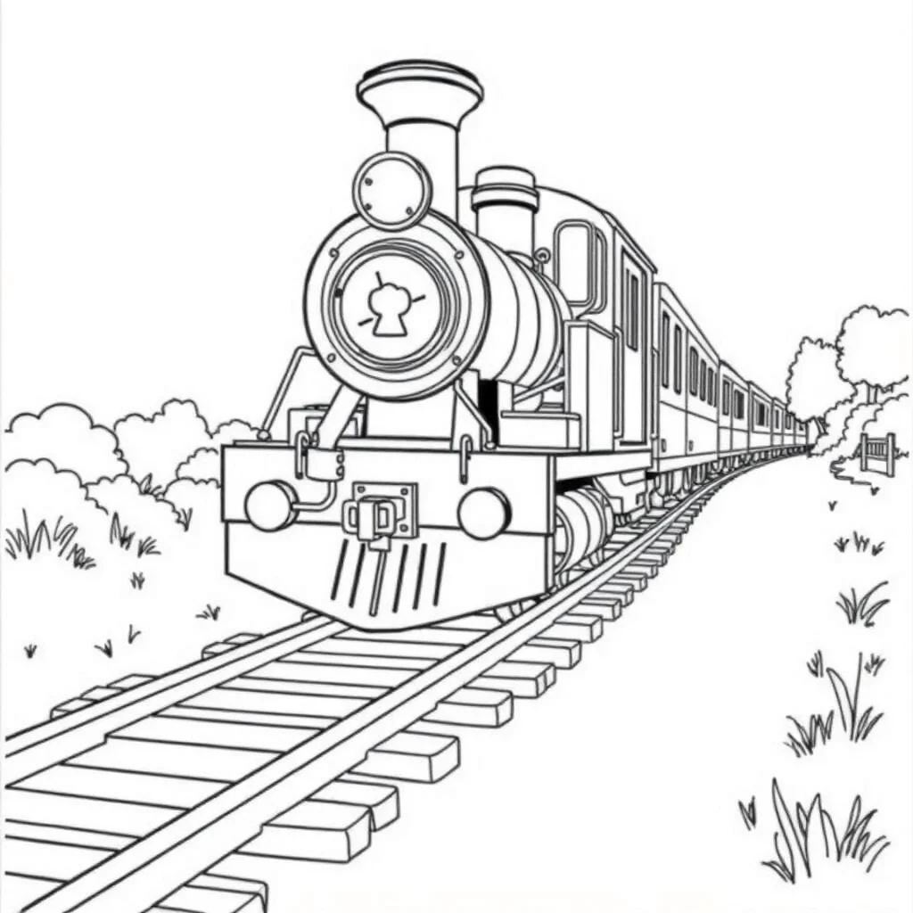Trains a train on tracks peeking from behind something — classic trains coloring page (ages 5–10)