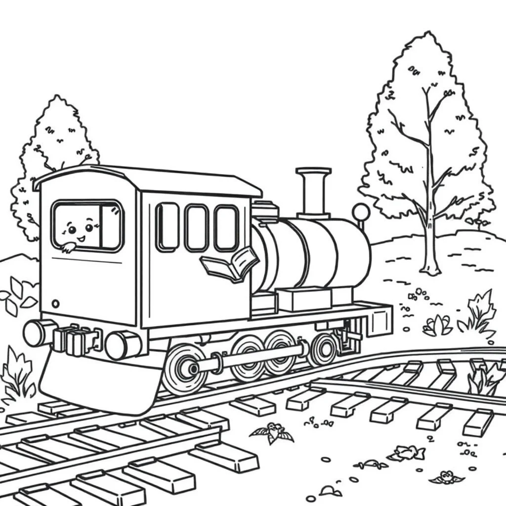 Trains a train on tracks reading a book — classic trains coloring page (ages 5–10)