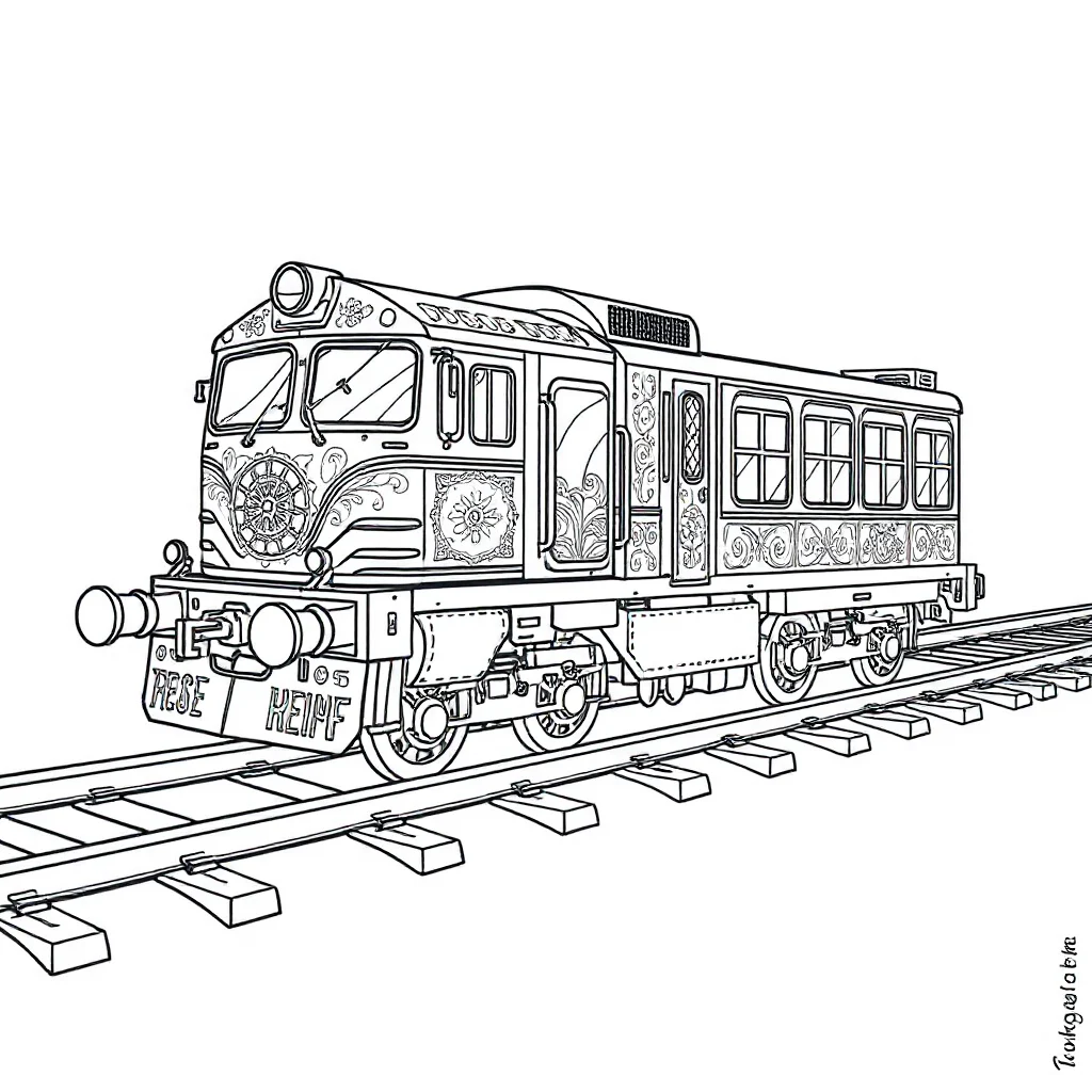 Trains a train on tracks sleeping curled up — detailed trains coloring page (ages 9+ & adults)