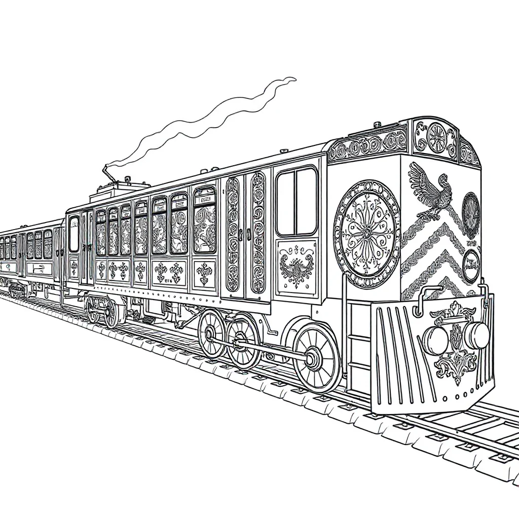 Trains a train with cars dancing — detailed trains coloring page (ages 9+ & adults)