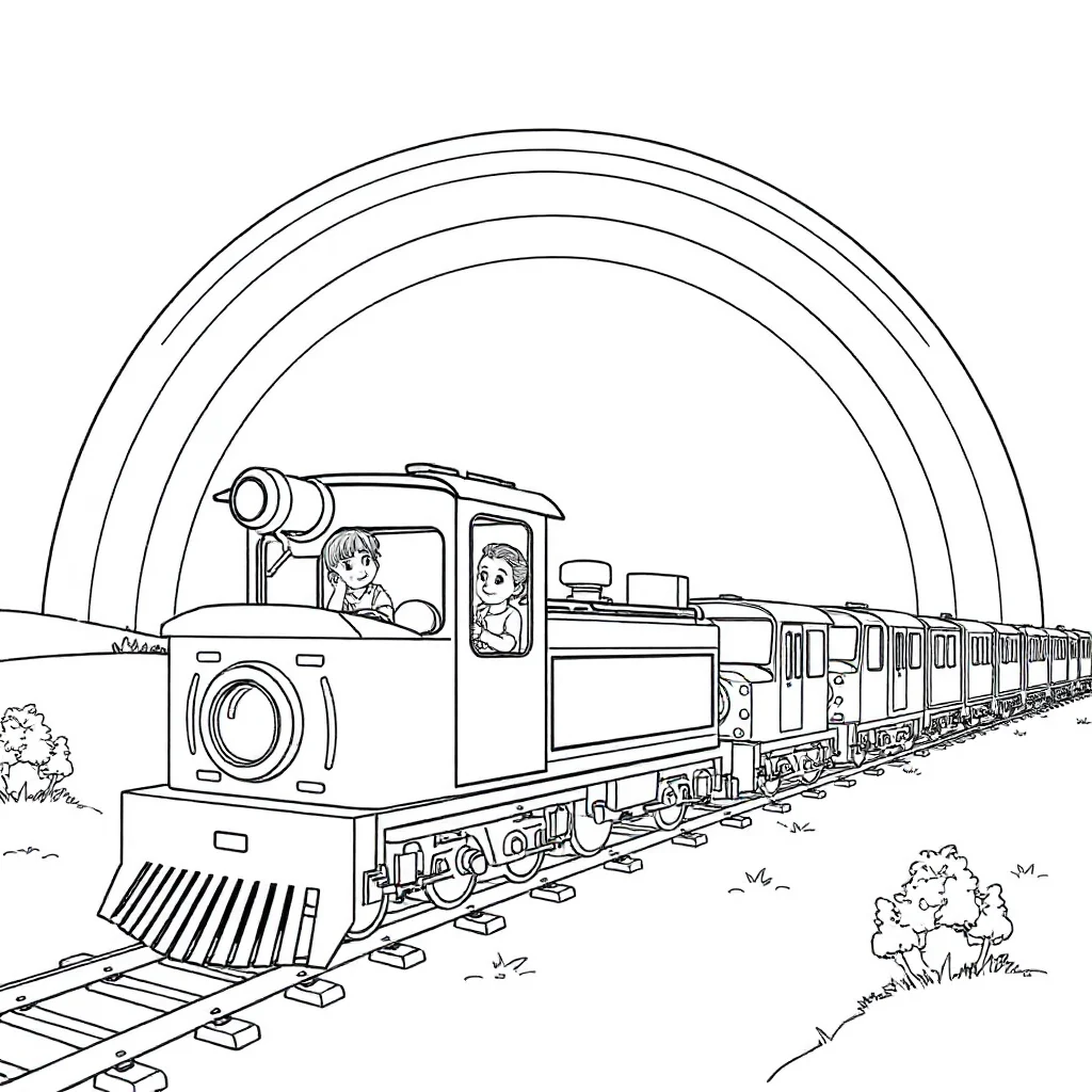Trains a train with cars under a rainbow — classic trains coloring page (ages 5–10)