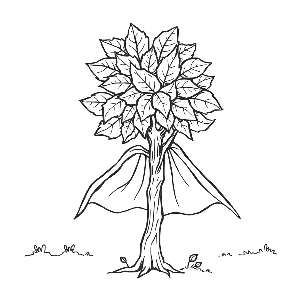 Trees a leafy tree in a superhero cape — classic trees coloring page (ages 5–10)
