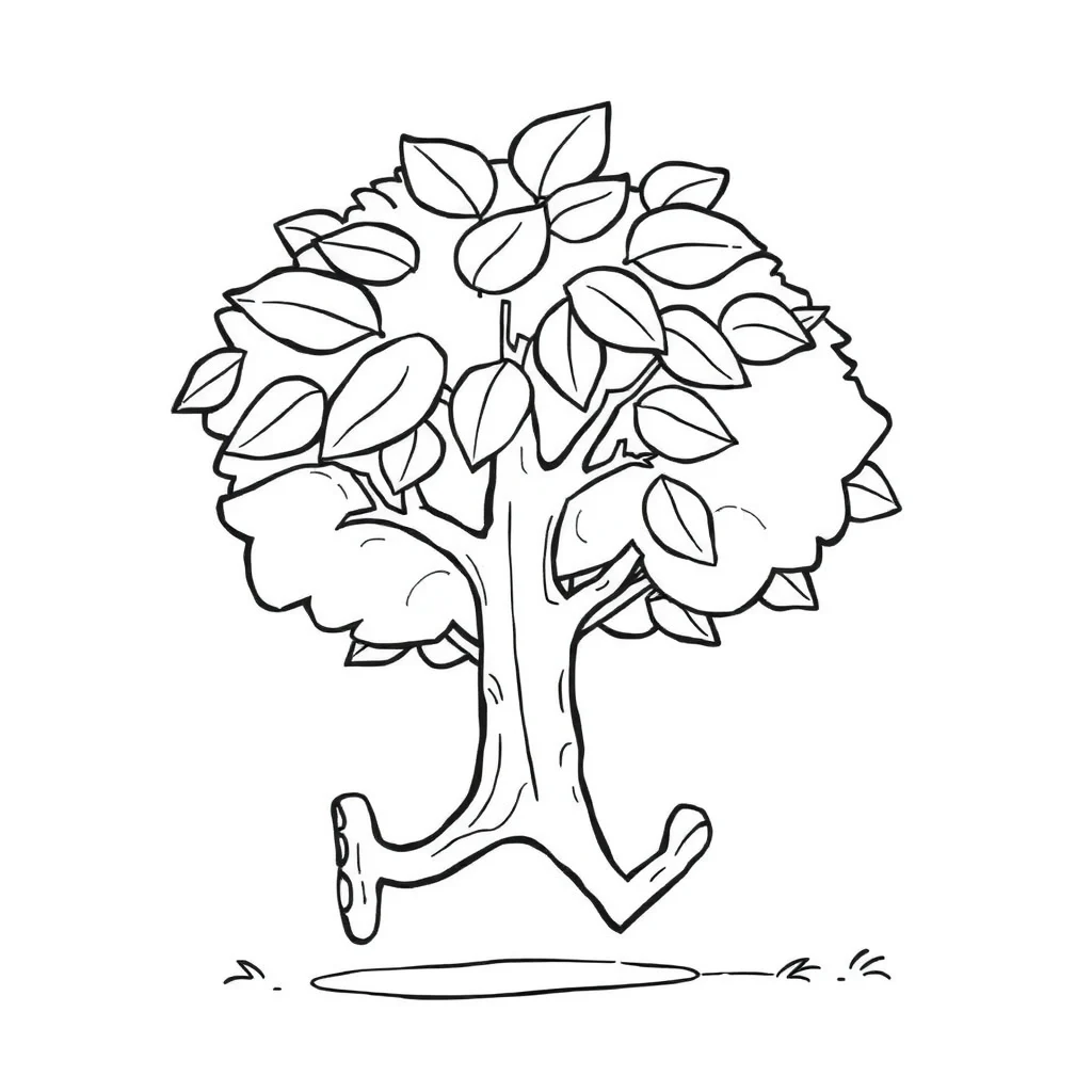 Trees a leafy tree running — easy trees coloring page (ages 2–5)