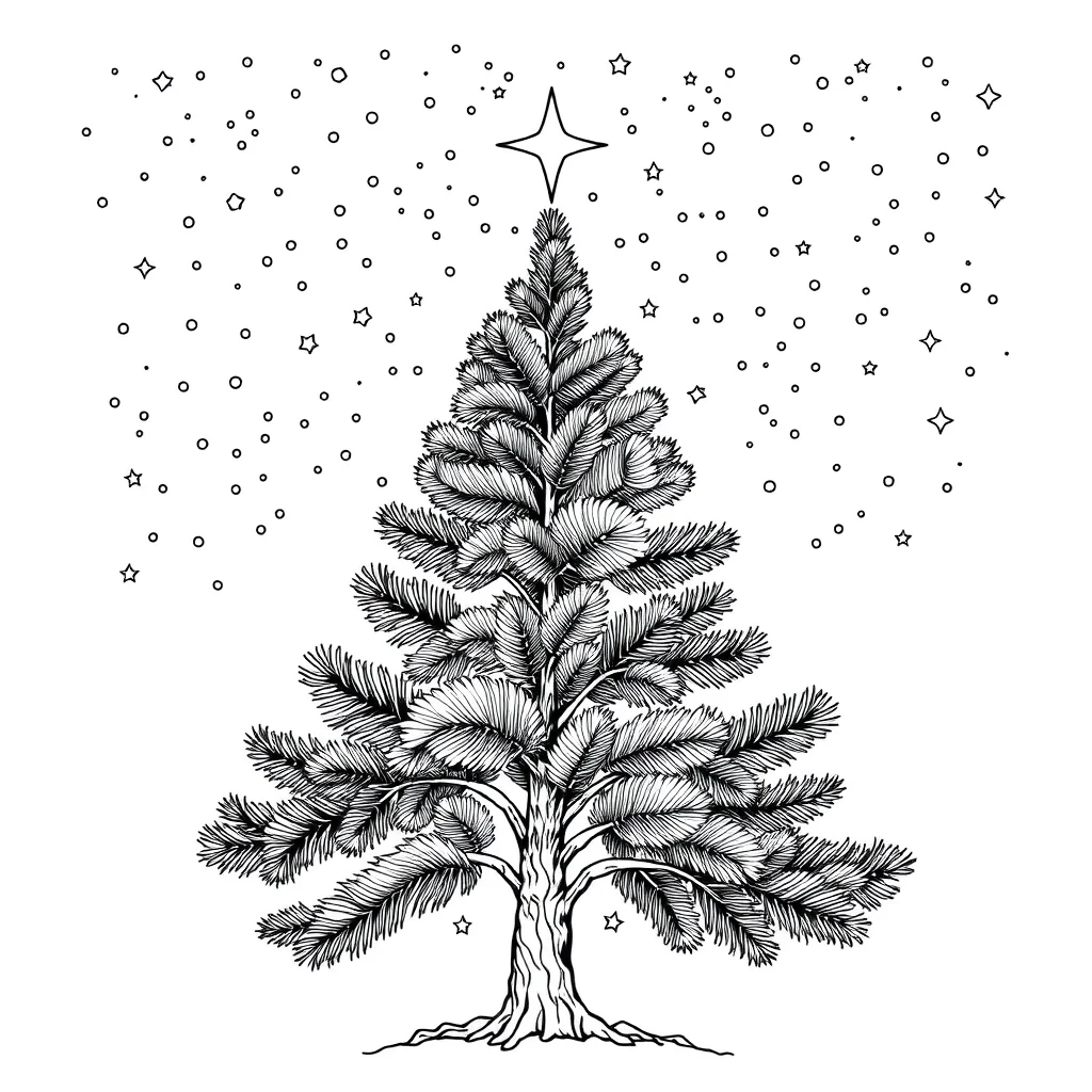 Trees a pine tree under the night sky with stars — detailed trees coloring page (ages 9+ & adults)
