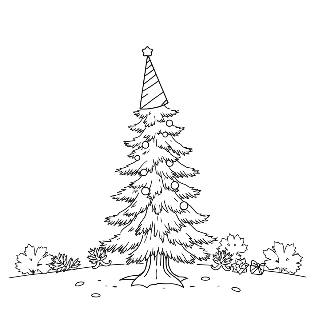 Trees a pine tree wearing a party hat — classic trees coloring page (ages 5–10)