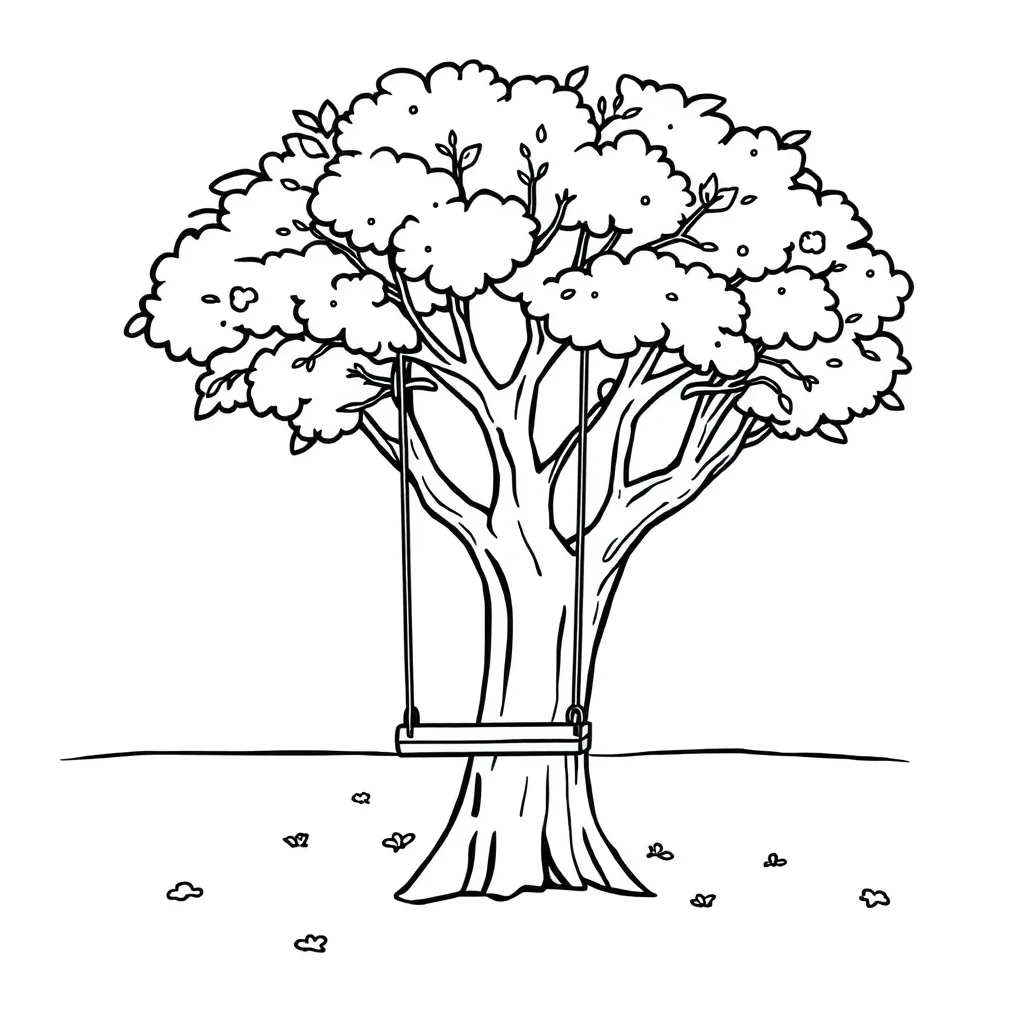 Trees a tree with a swing flying — easy trees coloring page (ages 2–5)