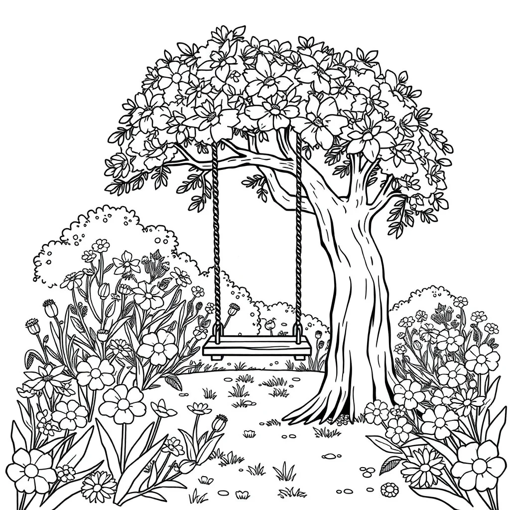 Trees a tree with a swing in a flower garden — classic trees coloring page (ages 5–10)