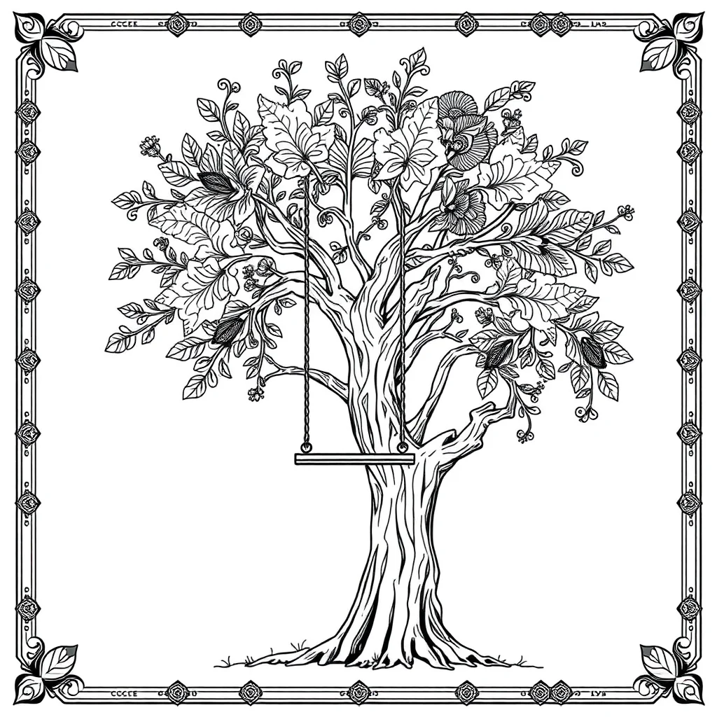 Trees a tree with a swing leaping mid air — detailed trees coloring page (ages 9+ & adults)