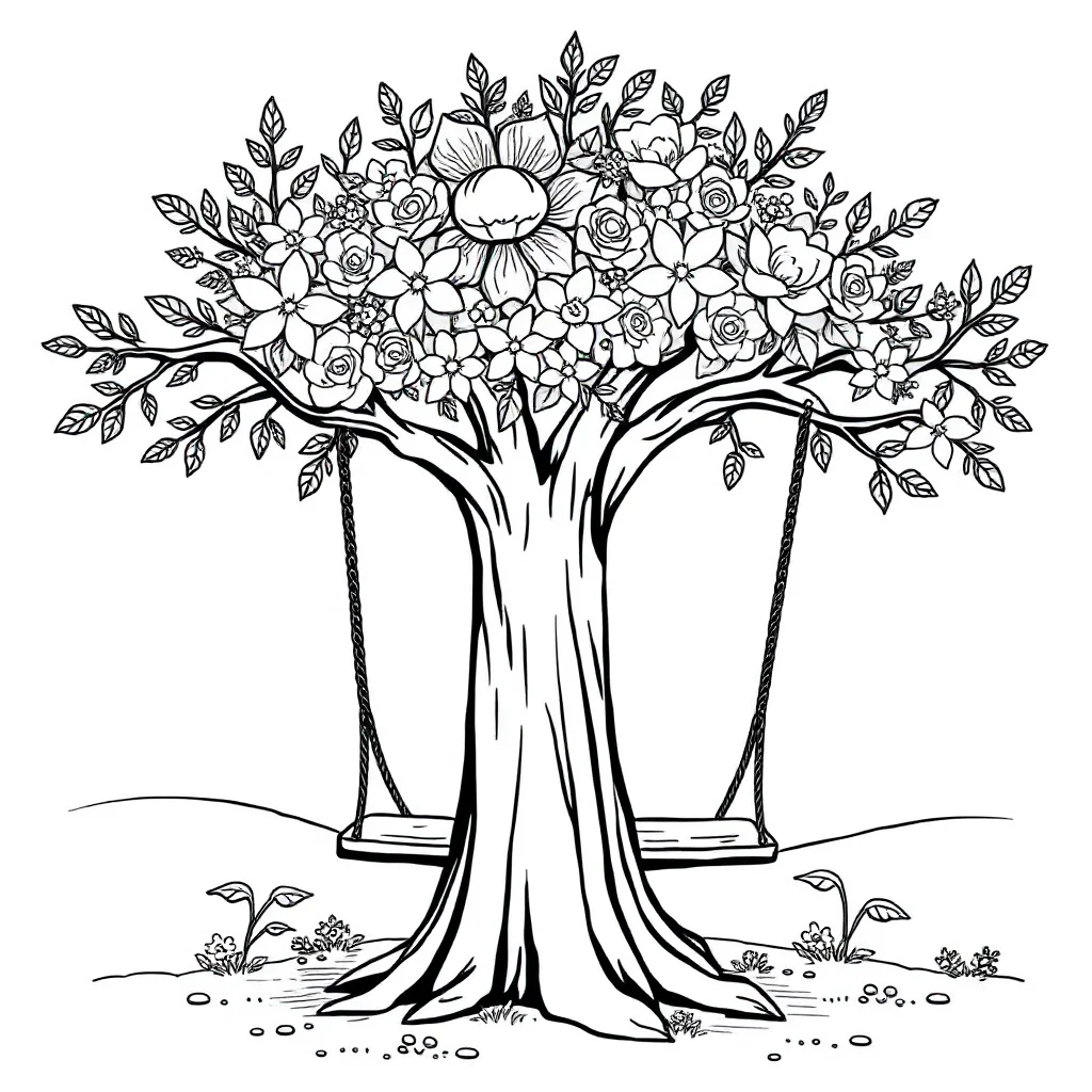Trees a tree with a swing wearing a flower crown — classic trees coloring page (ages 5–10)