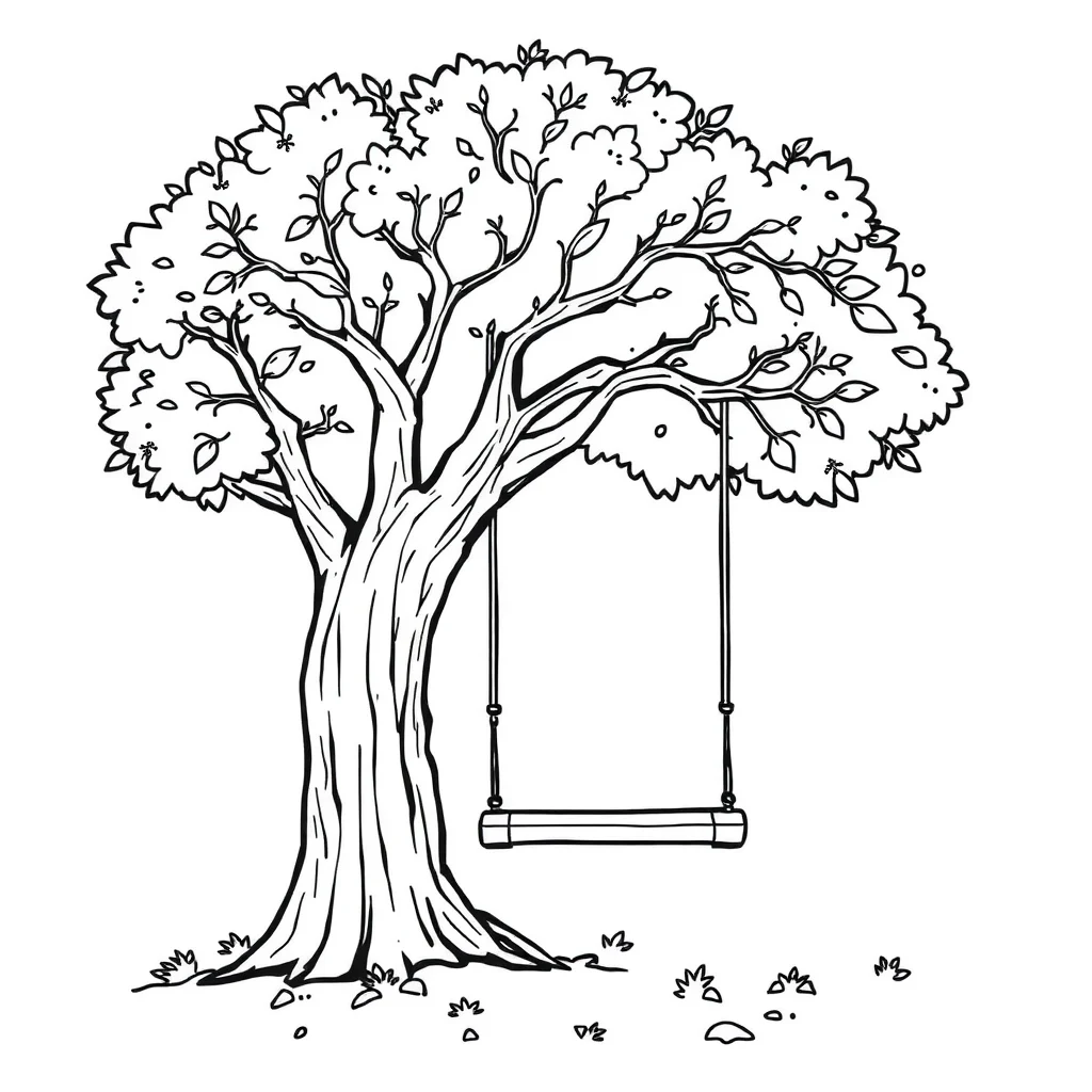 Trees a tree with a swing — easy trees coloring page (ages 2–5)