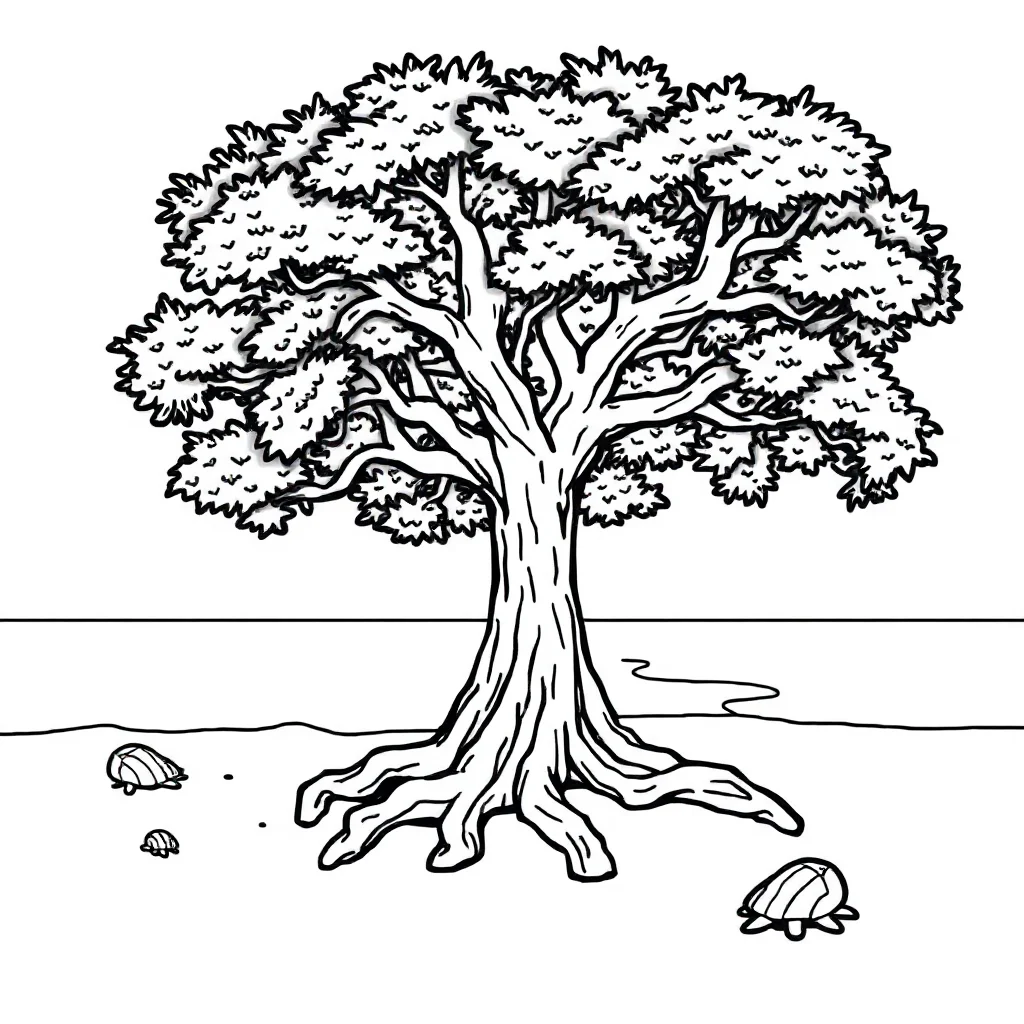 Trees a tree with roots on the beach — classic trees coloring page (ages 5–10)