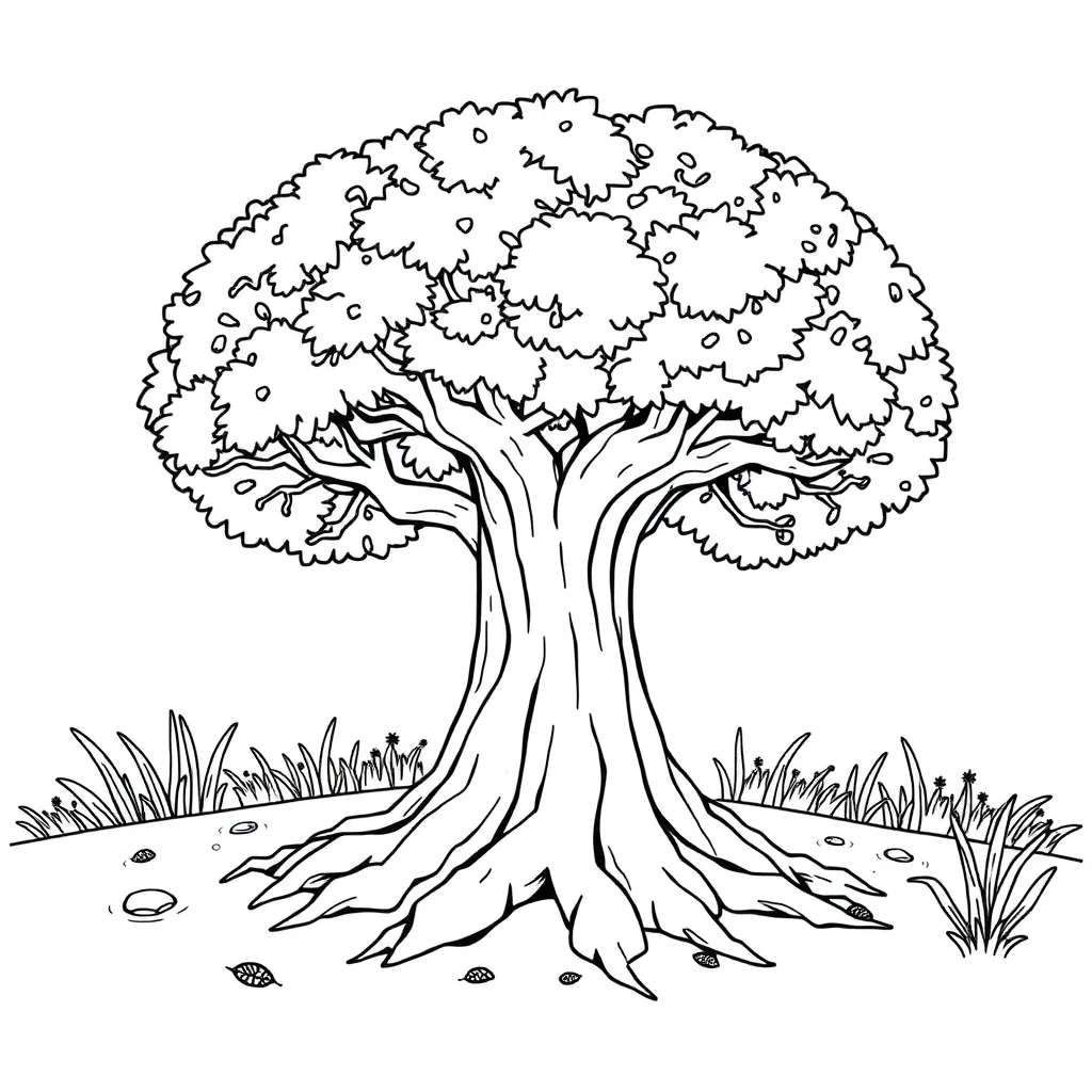 Trees a tree with roots peeking from behind something — classic trees coloring page (ages 5–10)