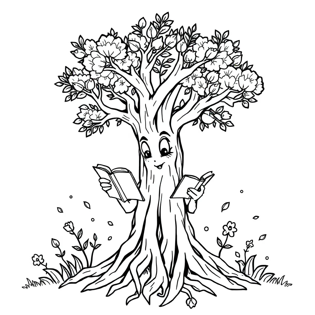 Trees a tree with roots reading a book — classic trees coloring page (ages 5–10)