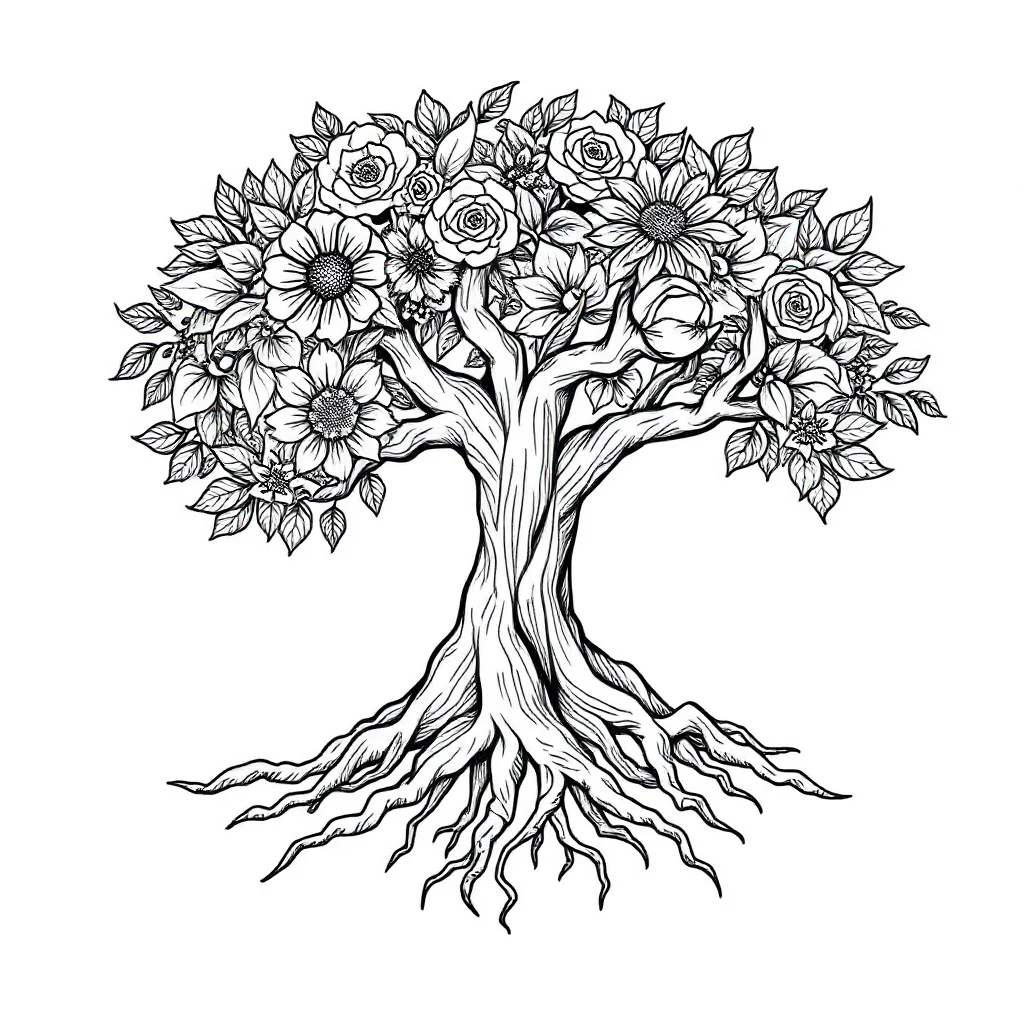 Trees a tree with roots sleeping curled up — detailed trees coloring page (ages 9+ & adults)